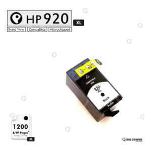 HP 920 XL black ink cartridge with yellow warning labels, angled image showing a 1200 black-and-white page yield icon.