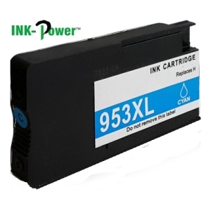 Black printer ink cartridge labeled 953XL cyan with a cyan color stripe