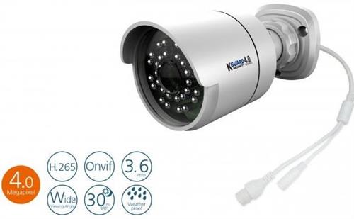IPB-400 - Computech-Solutions Bullet security camera with white housing and power cable, highlighting 4.0 MP, H.265, ONVIF, wide angle, and 30 m range (night vision).