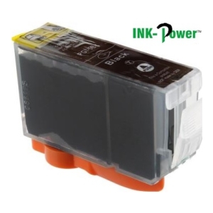 Black ink cartridge for a printer, plastic housing with orange bottom, branded InkPower logo visible; used to supply ink for printing.