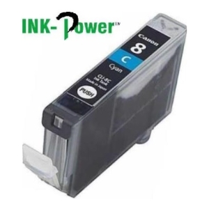 Canon ink cartridge 8 for an inkjet printer, shown at an angle with cyan label and an ink pad area visible