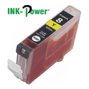 Canon printer ink cartridge with black (8) and yellow (Y) label; red translucent body and the INK-POWER logo visible.