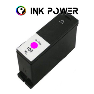 Black printer ink cartridge with a white label reading '100 XL' and a magenta indicator, positioned at an angle.