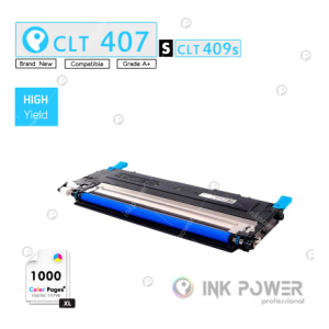 Color laser toner cartridge CLT 407 with cyan component, high-yield for ~1000 pages (XL).