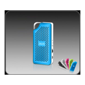 Blue portable Bluetooth speaker with a perforated grille, standing upright on a gray gradient background, with colorful ink cartridges beside it.