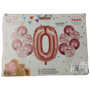 Party balloon pack packaging showing rose-gold number balloon with pink and white confetti balloons and colorful pennant design; contains 13 pieces.