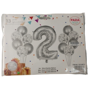 Package of party balloons with a large silver number balloon, plus white and silver balloons and confetti, featuring FAZA MyParty branding.