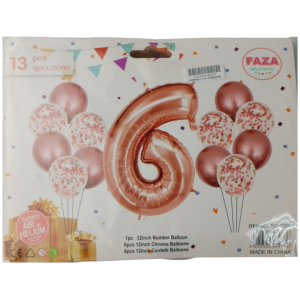 Packaging for a party balloons set showing pink and confetti balloons, a large rose‑gold number balloon, colorful pennant graphics, and a barcode sticker; brand 'FAZA MyParty' visible.