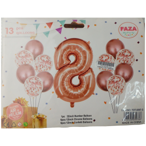 Package of birthday balloons featuring a large rose-gold number 0 balloon with smaller rose-gold and confetti-pattern balloons in a festive background.