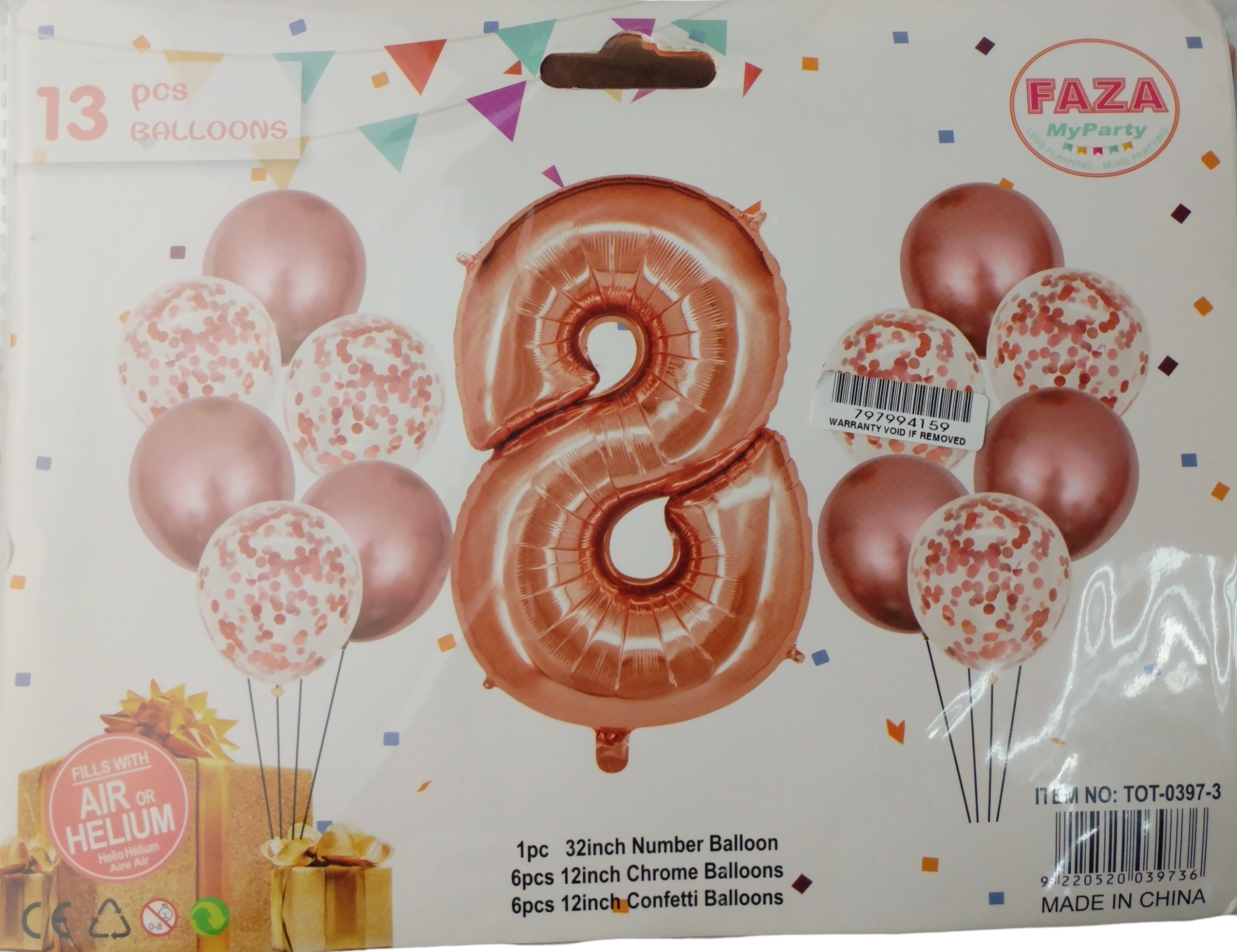 Package of birthday balloons featuring a large rose-gold number 0 balloon with smaller rose-gold and confetti-pattern balloons in a festive background.