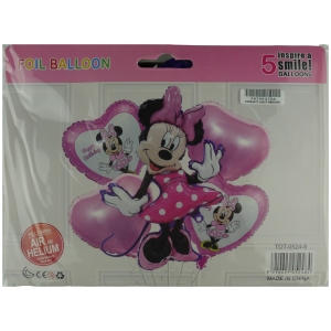 Pink foil balloon package featuring Minnie Mouse and friends with a heart-shaped balloon, labeled 'Foil Balloon' and 'Inspire a Smile' on a pink header.