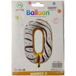 Product packaging for a donut-shaped foil balloon, white with colorful sprinkles, labeled 'Balloon' and 'fills with air or helium'; 32 inches (80 cm).
