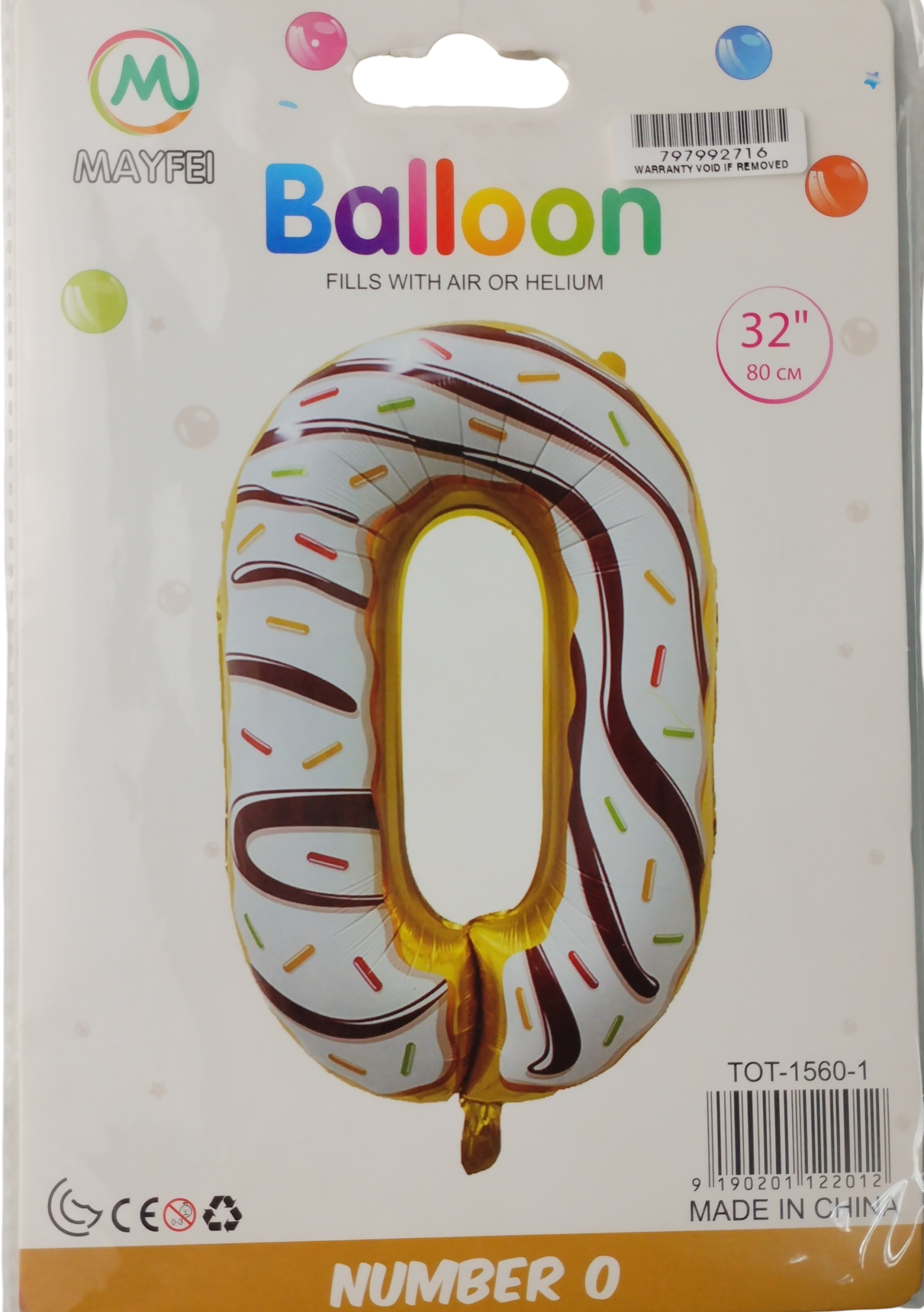 Product packaging for a donut-shaped foil balloon, white with colorful sprinkles, labeled 'Balloon' and 'fills with air or helium'; 32 inches (80 cm).