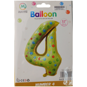 Colorful packaging for a 32-inch number 4 balloon with multicolored sprinkles, labeled 'Balloon' and brand MAYFEI, shown in a white box.