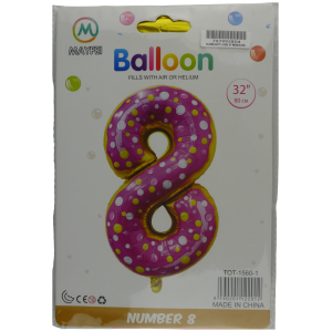 Box packaging for a large 32-inch pink polka-dotted number 8 balloon, image shows the product front with 'Balloon' branding and 'Made in China' label.