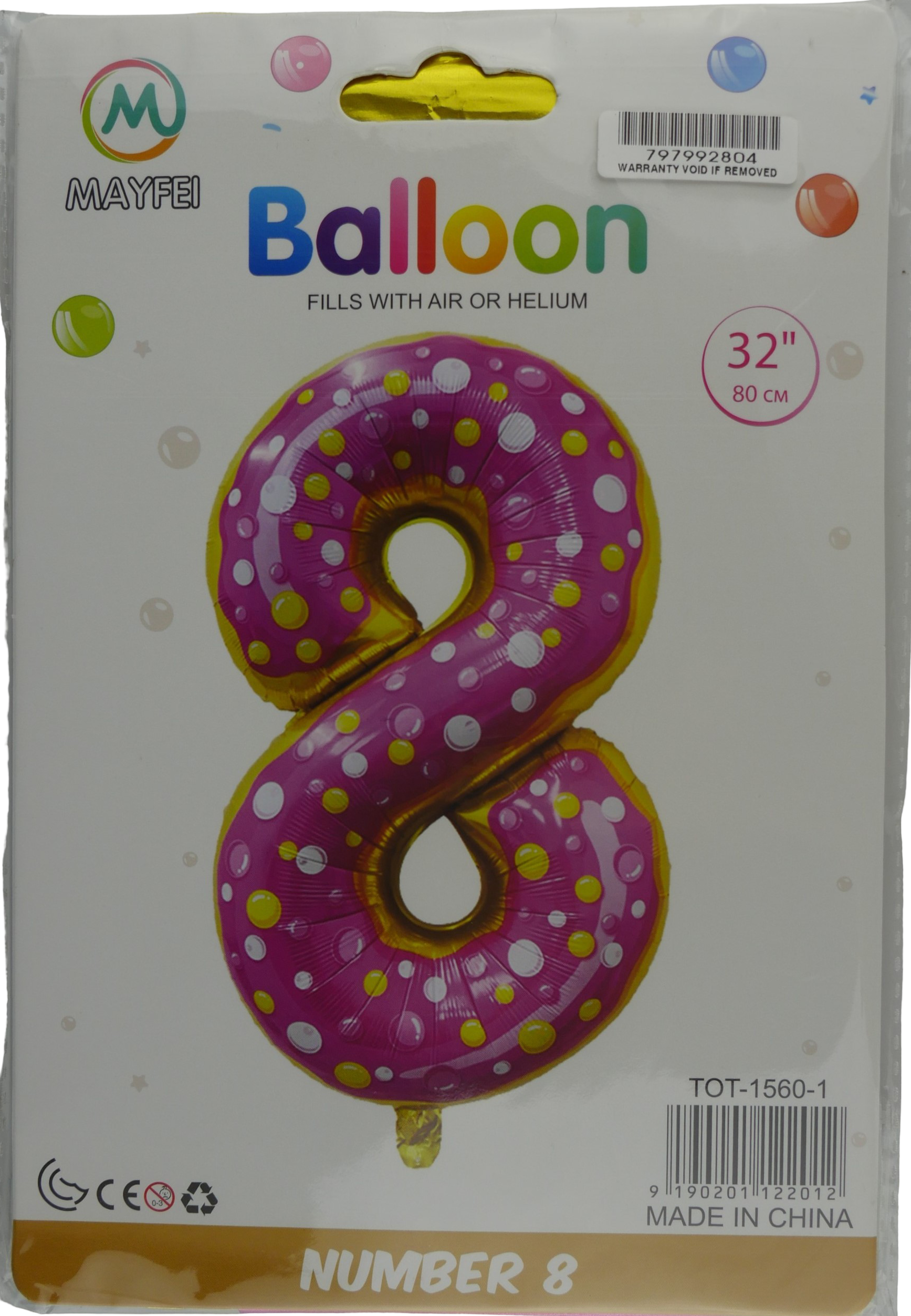Box packaging for a large 32-inch pink polka-dotted number 8 balloon, image shows the product front with 'Balloon' branding and 'Made in China' label.