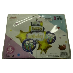 Package of five birthday foil balloons, including a cake-shaped balloon with 'Happy Birthday' and yellow star balloons, shown on the packaging.