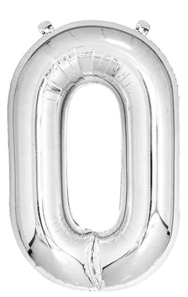 IZY-2131-2-NR0SIL - Computech-Solutions Shiny silver foil balloon shaped like the number zero, with two small ties at the top and a gathered seam at the bottom.