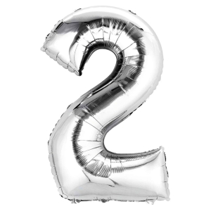 Silver foil balloon shaped like the number 2 on a white background.