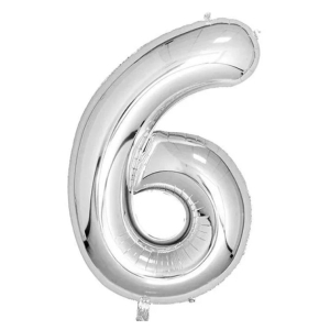 Silver foil balloon shaped like the number 6, with a curved, reflective surface for party decoration.
