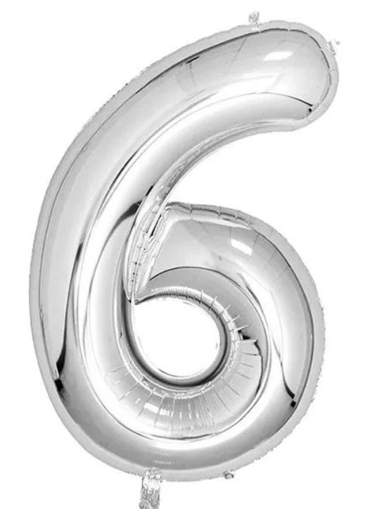 Silver foil balloon shaped like the number 6, with a curved, reflective surface for party decoration.