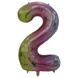 Gradient pink-purple and green foil balloon shaped like the number 2 on a black background.