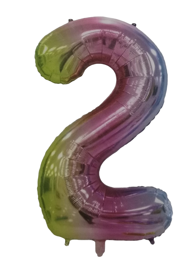 Gradient pink-purple and green foil balloon shaped like the number 2 on a black background.