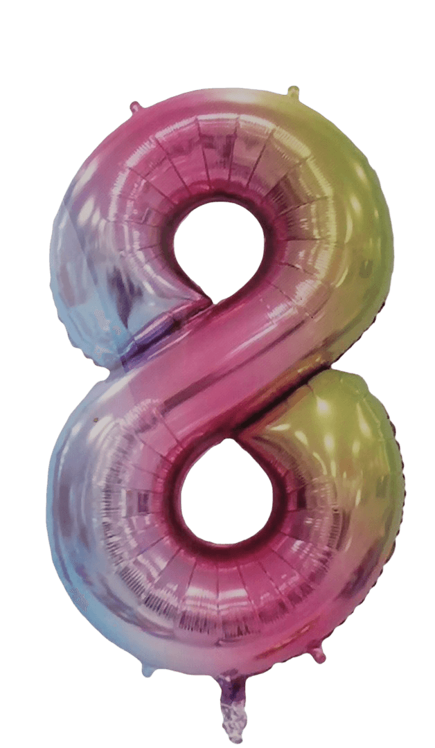 IZY-2131-3-NR8RNBW - Computech-Solutions Shiny metallic balloon in the shape of the number 8 with a rainbow gradient (pink, purple, blue, gold).