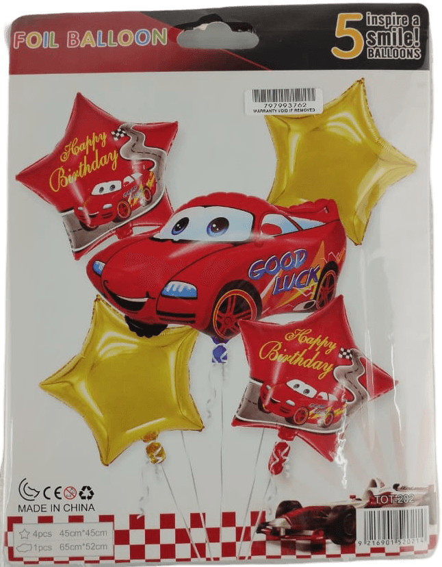 IZYTOT202CAR ComputechSolutions Foil birthday balloon set with a red Lightning McQueen car and gold star balloons, including red 'Happy Birthday' balloons on the package.