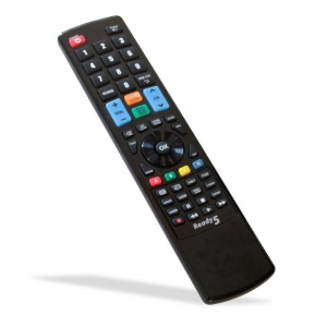 Black TV remote with numeric keypad and colorful buttons (blue, orange, green, yellow) and an OK/navigation pad, angled diagonally on a white background.