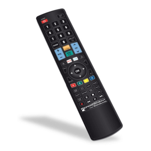 Black universal remote control with many labeled buttons, angled to the left.