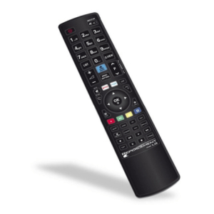 Black universal remote control angled, featuring a numeric keypad and a central circular OK button surrounded by a directional pad and colored function keys.