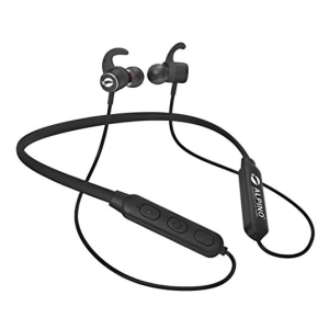 Wireless neckband earphones with inline controls and in-ear buds. Battery/volume buttons visible on the neckband.