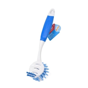 Blue and white dishwashing brush with curved handle and detachable bristle head, for cleaning dishes.