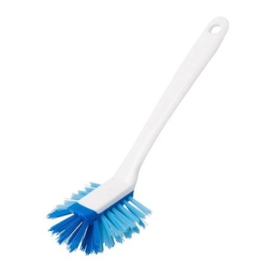 White-handled dish brush with blue bristles for scrubbing dishes