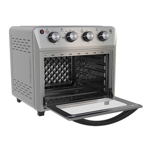 Compact countertop toaster oven with four control knobs on the front and the door open, showing racks inside.