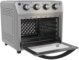 KAF104 - Computech-Solutions Compact countertop toaster oven with four control knobs on the front and the door open, showing racks inside.