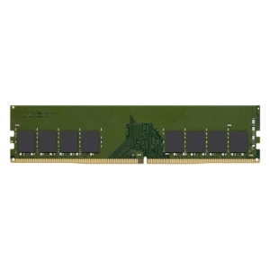 Green RAM module with multiple black memory chips along the circuit board and gold edge contacts; used as computer memory storage.