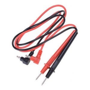 Red and black electrical test probes for a multimeter with pointed metal tips and a small 90-degree adapter in the background.