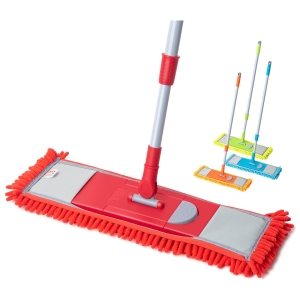 Red adjustable-mop with a wide microfiber head, shown with three color-coded replacement mops nearby for floor cleaning gear