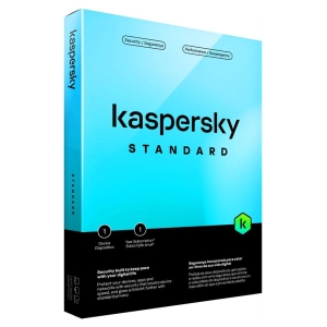 Kaspersky Standard software box with a blue gradient, featuring Security and Performance badges on the top and device/yearly subscription icons at the bottom.