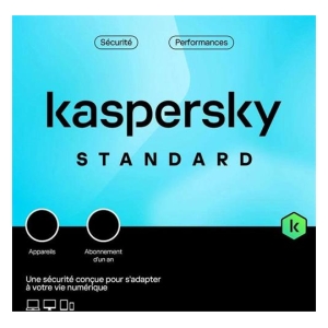 KL104195EFS-PAPDVDNOCD - Computech-Solutions Kaspersky Standard software cover on a blue gradient background with two device icons at the bottom and French branding text (appareils, abonnement d’un an).