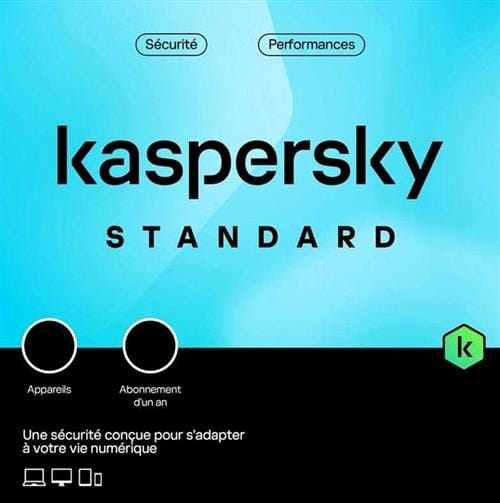 KL104195EFS-PAPDVDNOCD - Computech-Solutions Kaspersky Standard software cover on a blue gradient background with two device icons at the bottom and French branding text (appareils, abonnement d’un an).