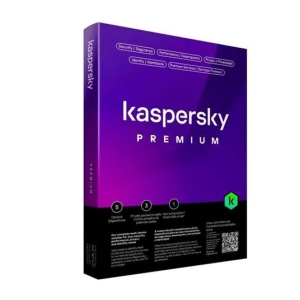 Kaspersky Premium antivirus product packaging in purple and black seen at an angle, branding visible.
