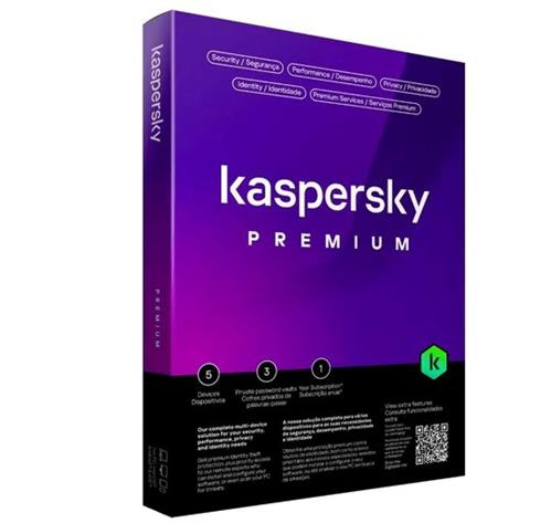 KL104795EFS-PAPDVDNOCD - Computech-Solutions Kaspersky Premium antivirus product packaging in purple and black seen at an angle, branding visible.
