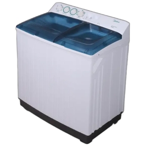 White top-loading washing machine with a blue-tinted lid and control panel at the rear