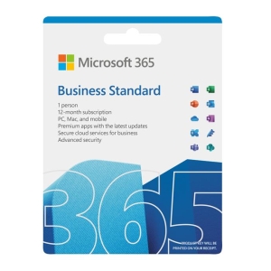 Microsoft 365 Business Standard box packaging with product name and feature list.