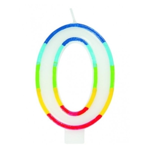Rainbow-striped numeral zero candle with a white center and a wick on top, shaped like 0.