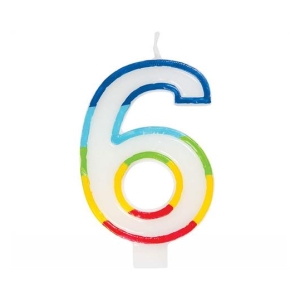Colorful rainbow-number 6 birthday candle on white background, decorative for a six-year-old celebration.