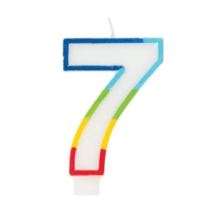 Rainbow-striped number 7 birthday candle with white center and a wick on top.